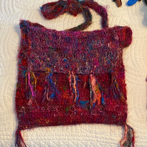 Handbags - Handmade silk Multicolor Knit Crossbody Bag - Vibrant Pink & Red